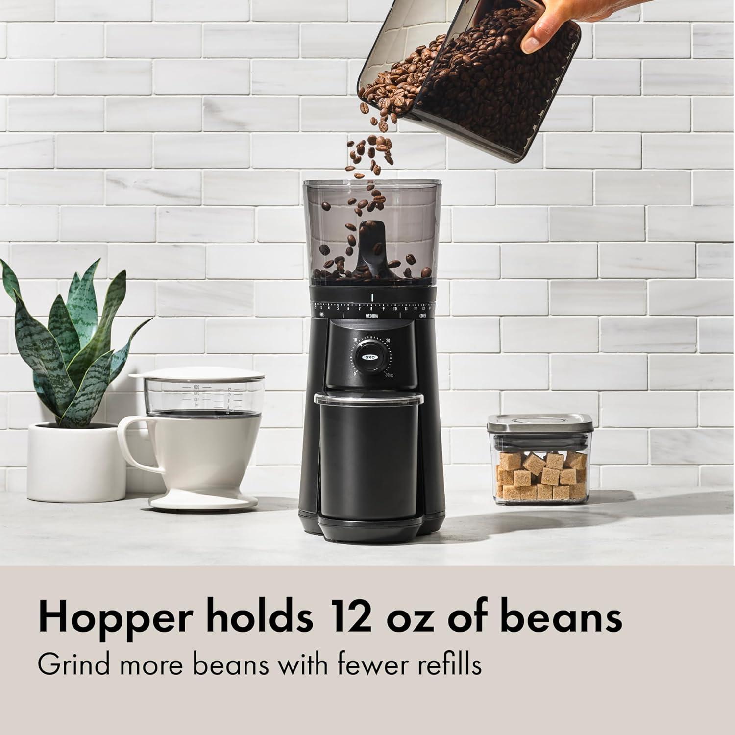 imageOXO Brew Conical Burr Coffee Grinder Silver Stainless Steel Burrs OneTouch Automatic Smart GrindMatte Black Burr Coffee Grinder