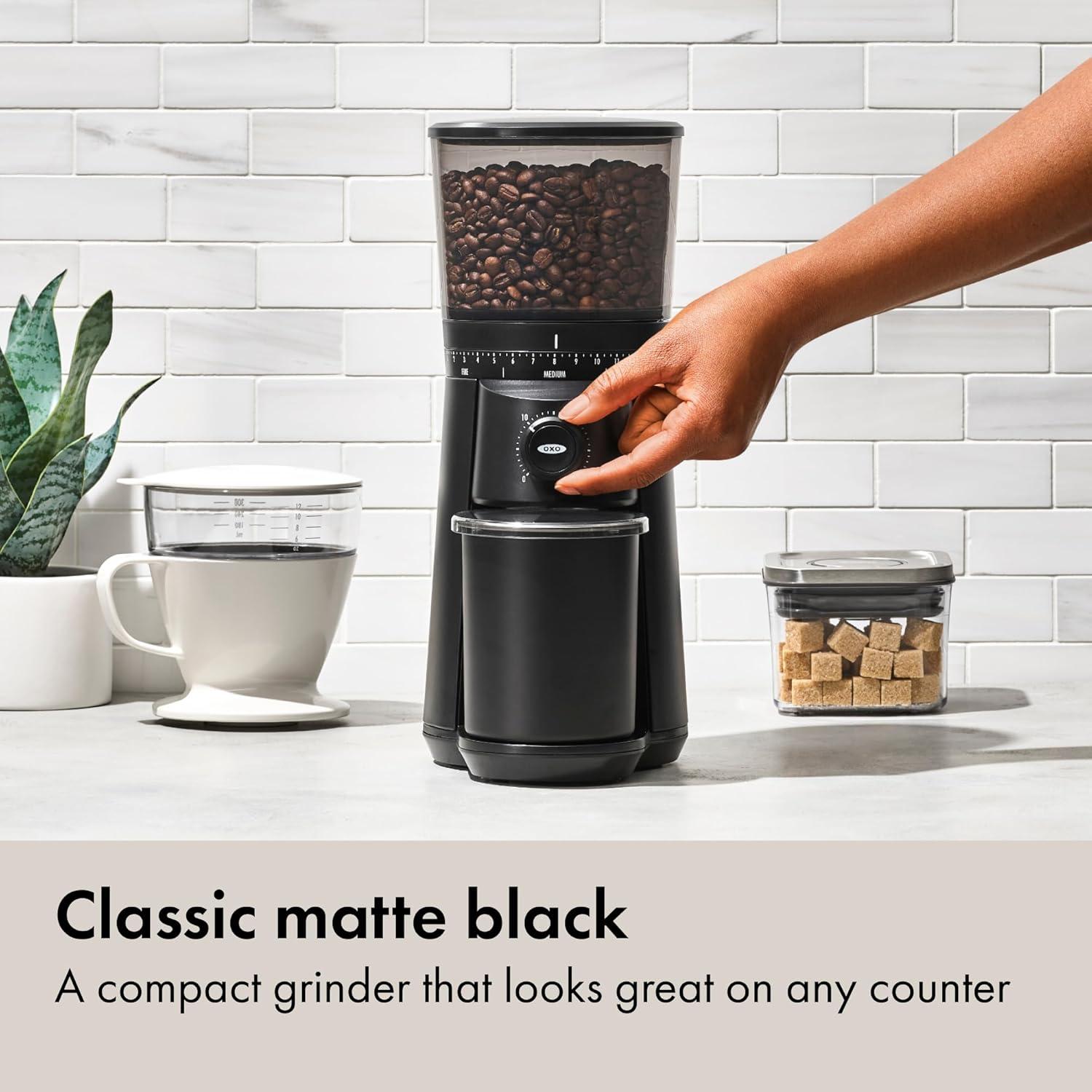 imageOXO Brew Conical Burr Coffee Grinder Silver Stainless Steel Burrs OneTouch Automatic Smart GrindMatte Black Burr Coffee Grinder