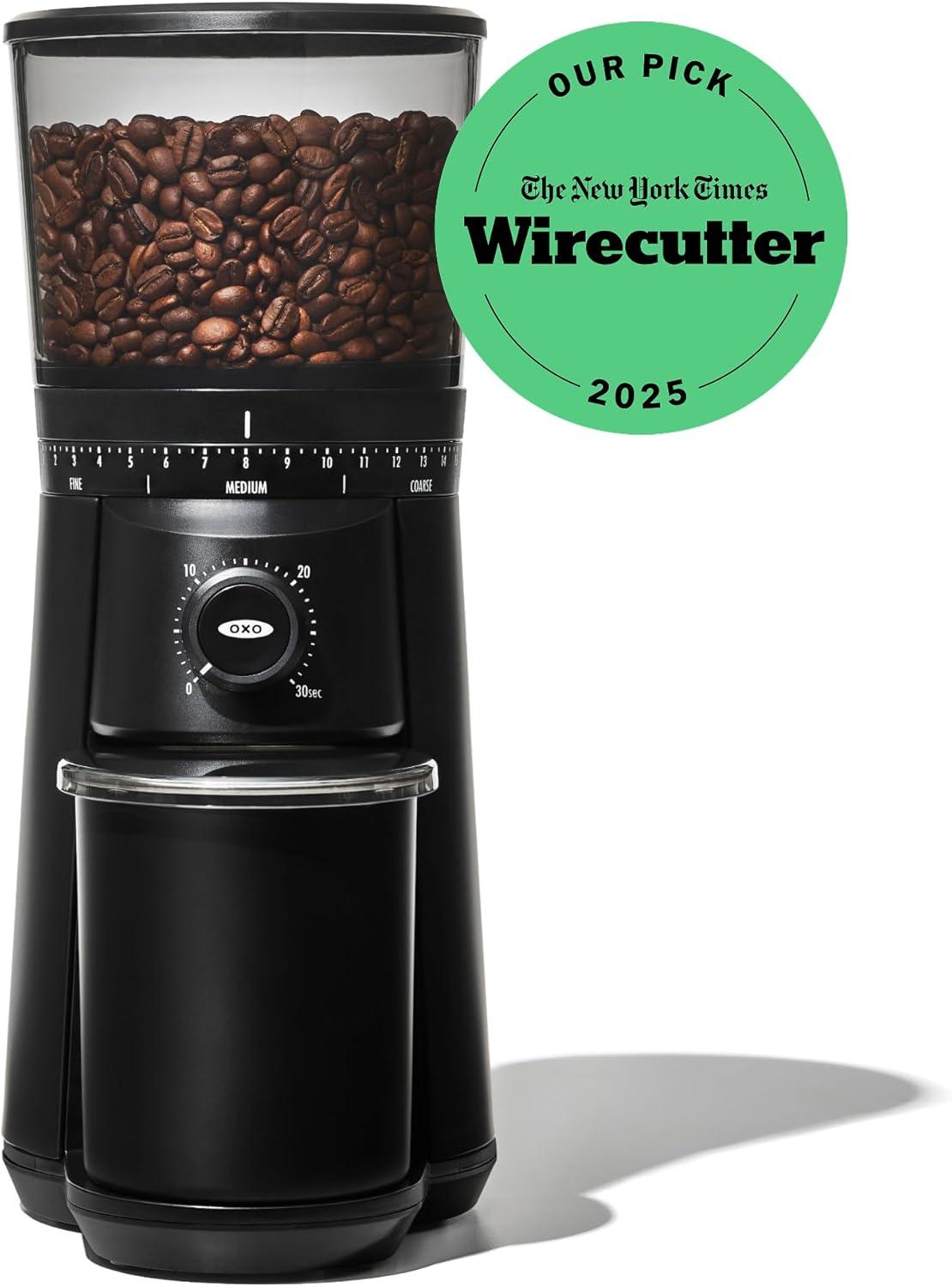 imageOXO Brew Conical Burr Coffee Grinder Silver Stainless Steel Burrs OneTouch Automatic Smart GrindMatte Black Burr Coffee Grinder