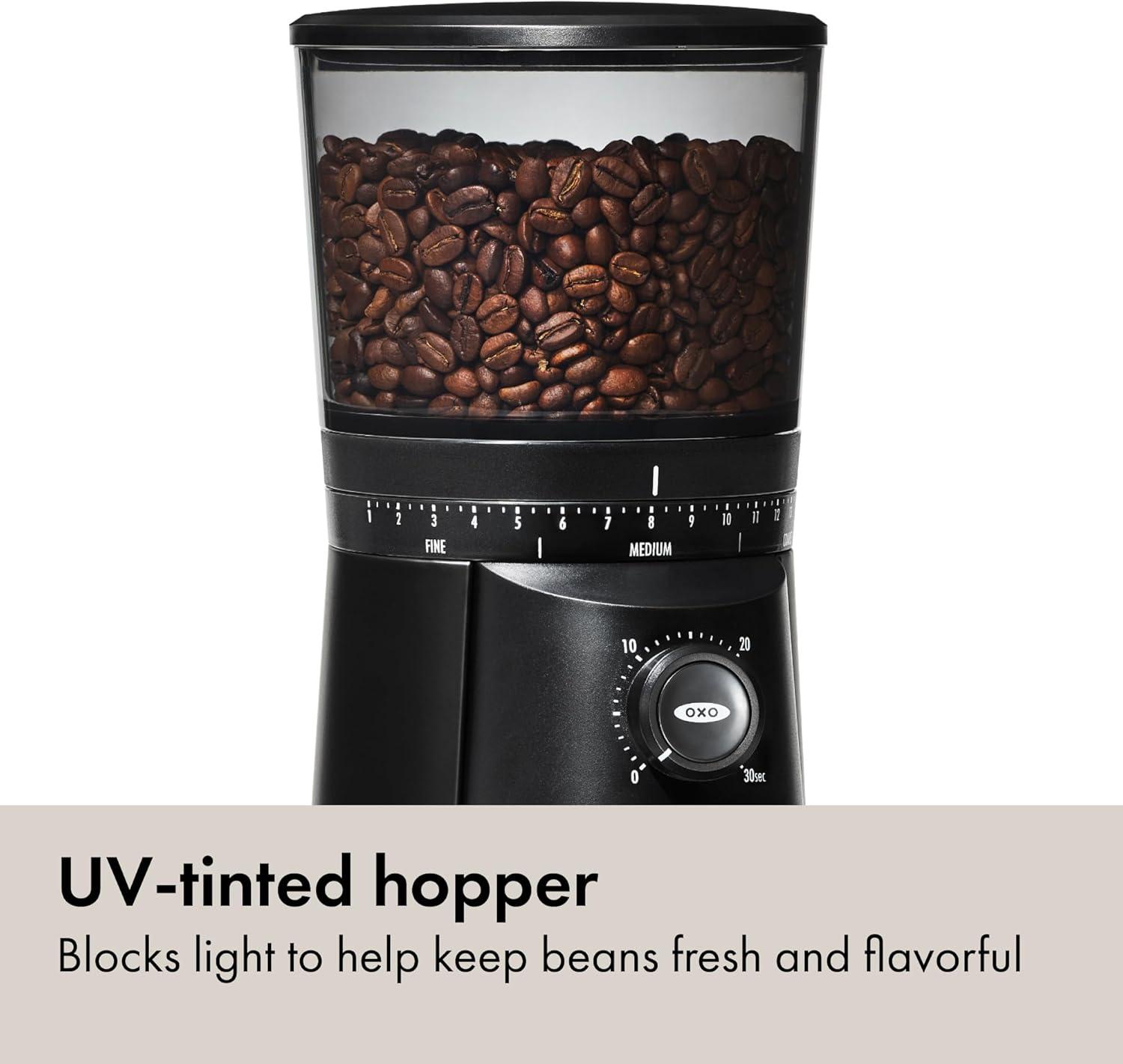 imageOXO Brew Conical Burr Coffee Grinder Silver Stainless Steel Burrs OneTouch Automatic Smart GrindMatte Black Burr Coffee Grinder