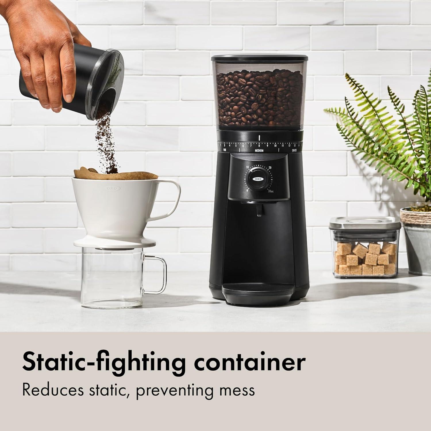 imageOXO Brew Conical Burr Coffee Grinder Silver Stainless Steel Burrs OneTouch Automatic Smart GrindMatte Black Burr Coffee Grinder