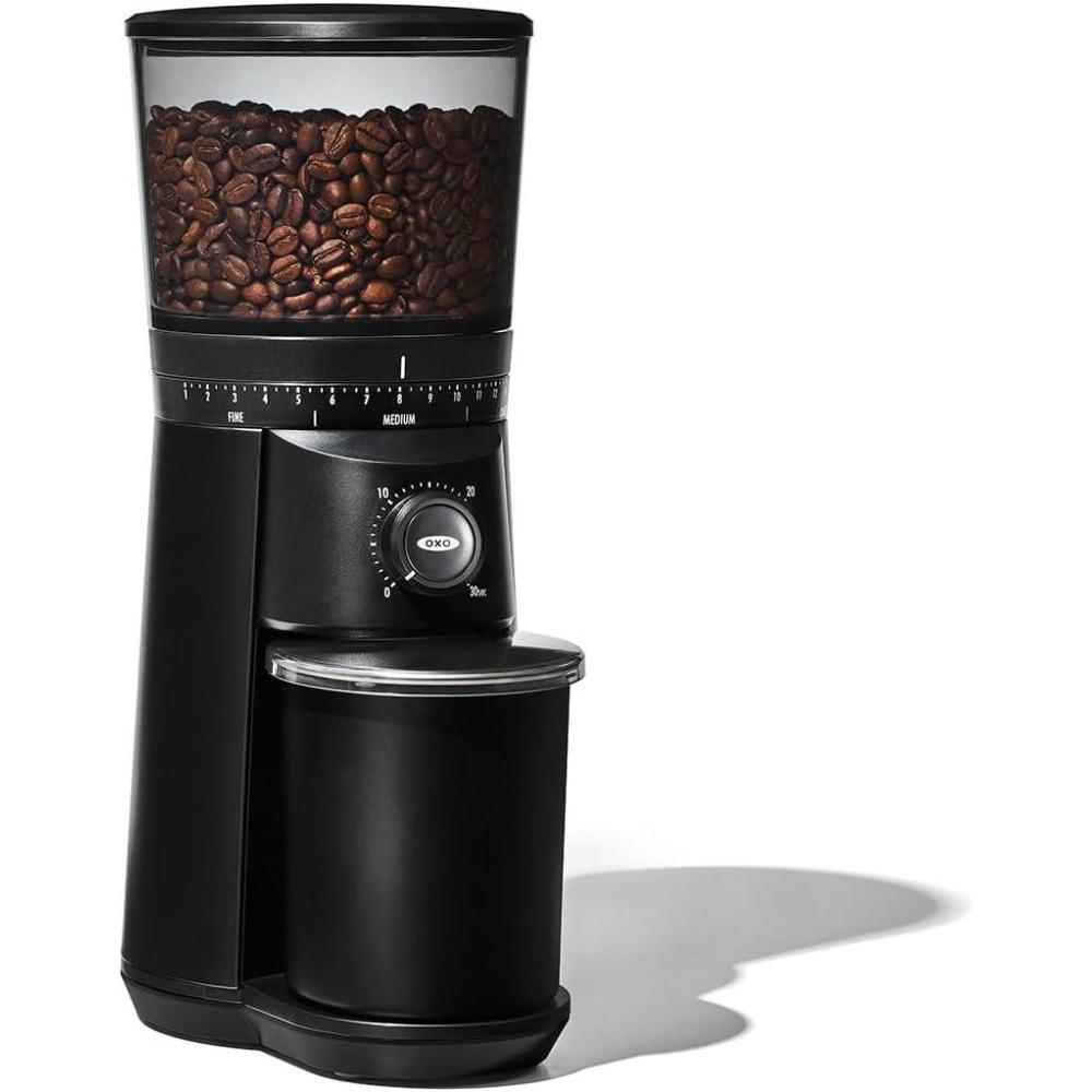 imageOXO Brew Conical Burr Coffee Grinder Silver Stainless Steel Burrs OneTouch Automatic Smart GrindMatte Black Burr Coffee Grinder