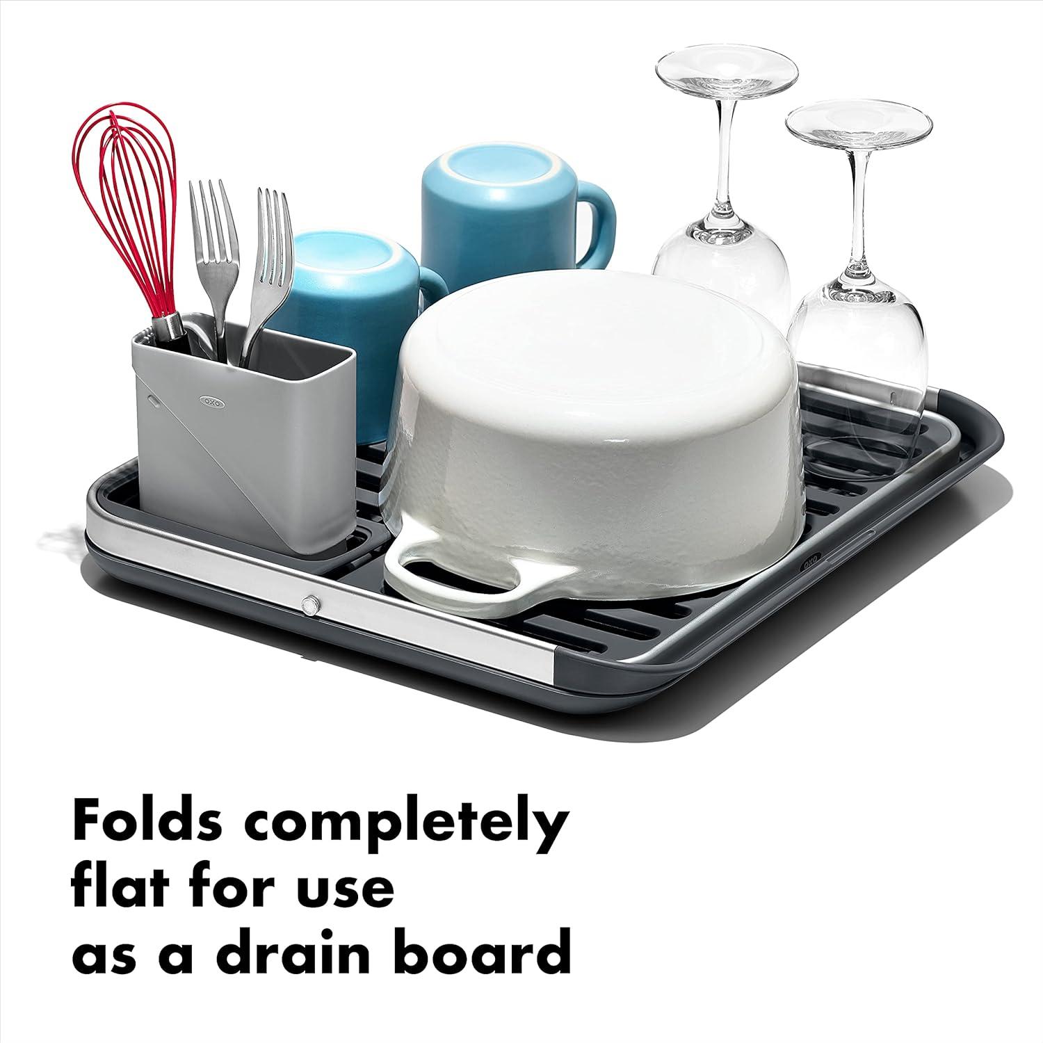 imageOXO Good Grips Aluminum Fold Flat Dish Drying Rack 2Tier with Drainboard for Kitchen Counter Collapsible