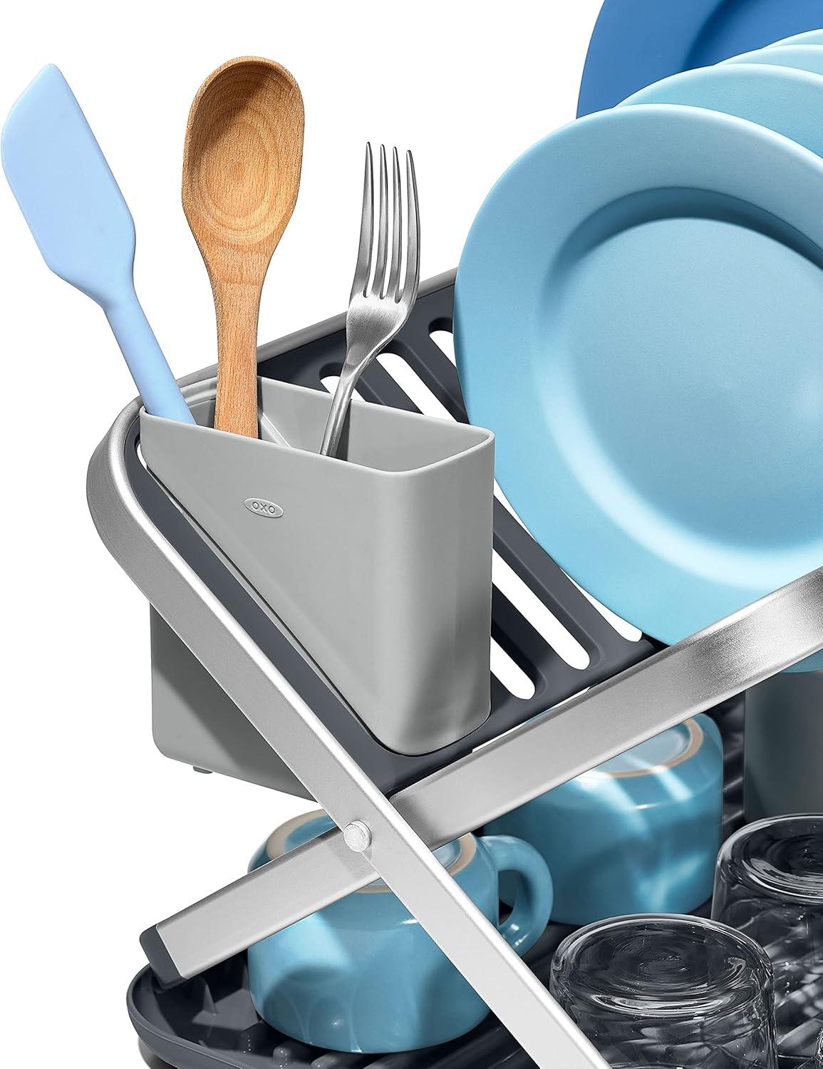 imageOXO Good Grips Aluminum Fold Flat Dish Drying Rack 2Tier with Drainboard for Kitchen Counter Collapsible