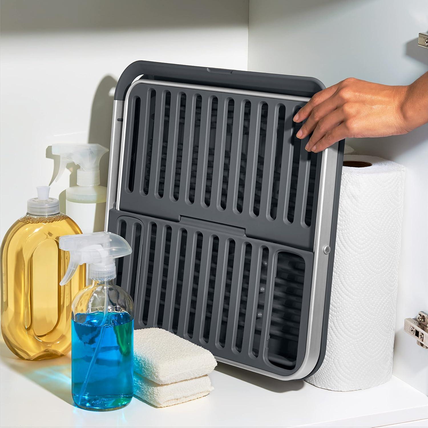 imageOXO Good Grips Aluminum Fold Flat Dish Drying Rack 2Tier with Drainboard for Kitchen Counter Collapsible