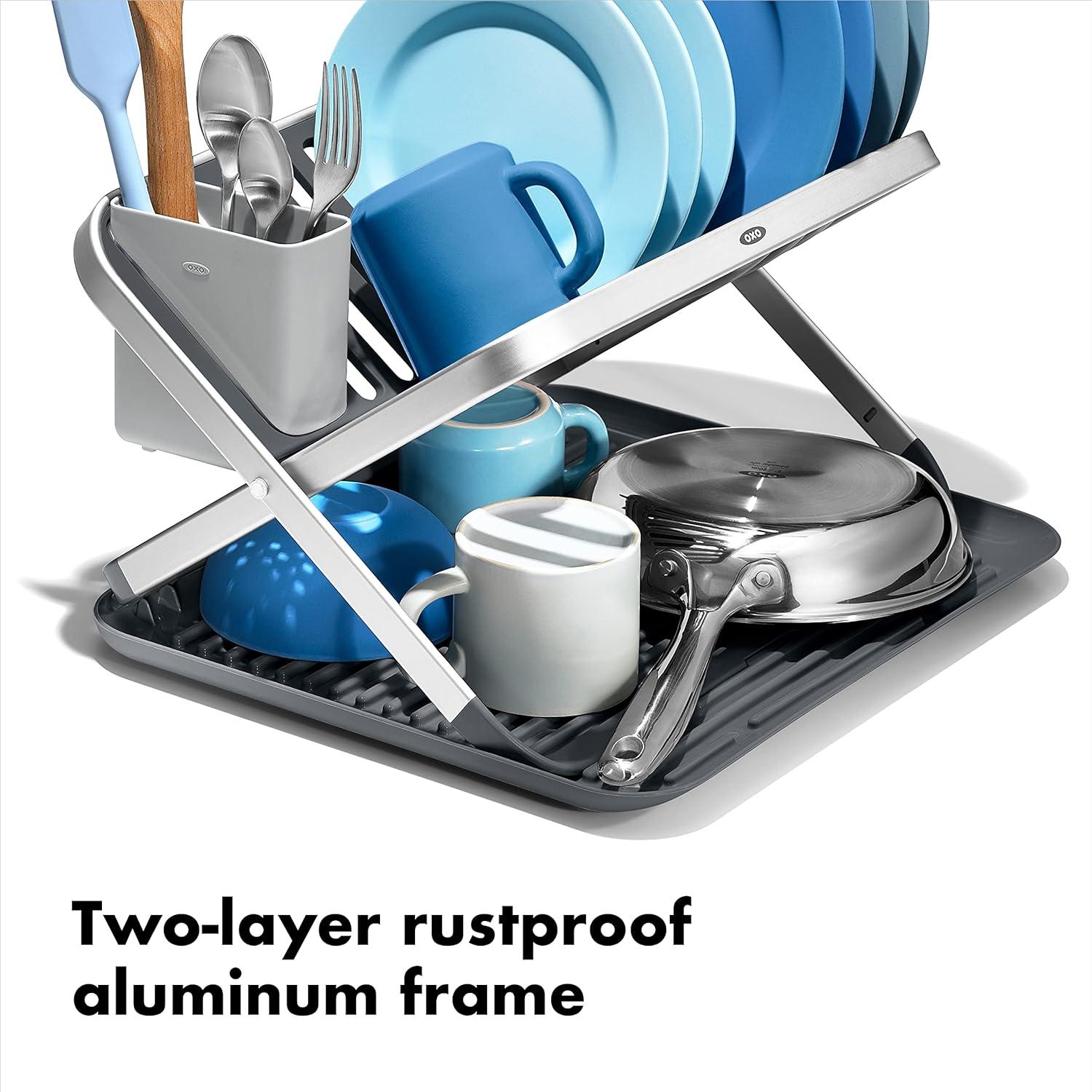 imageOXO Good Grips Aluminum Fold Flat Dish Drying Rack 2Tier with Drainboard for Kitchen Counter Collapsible