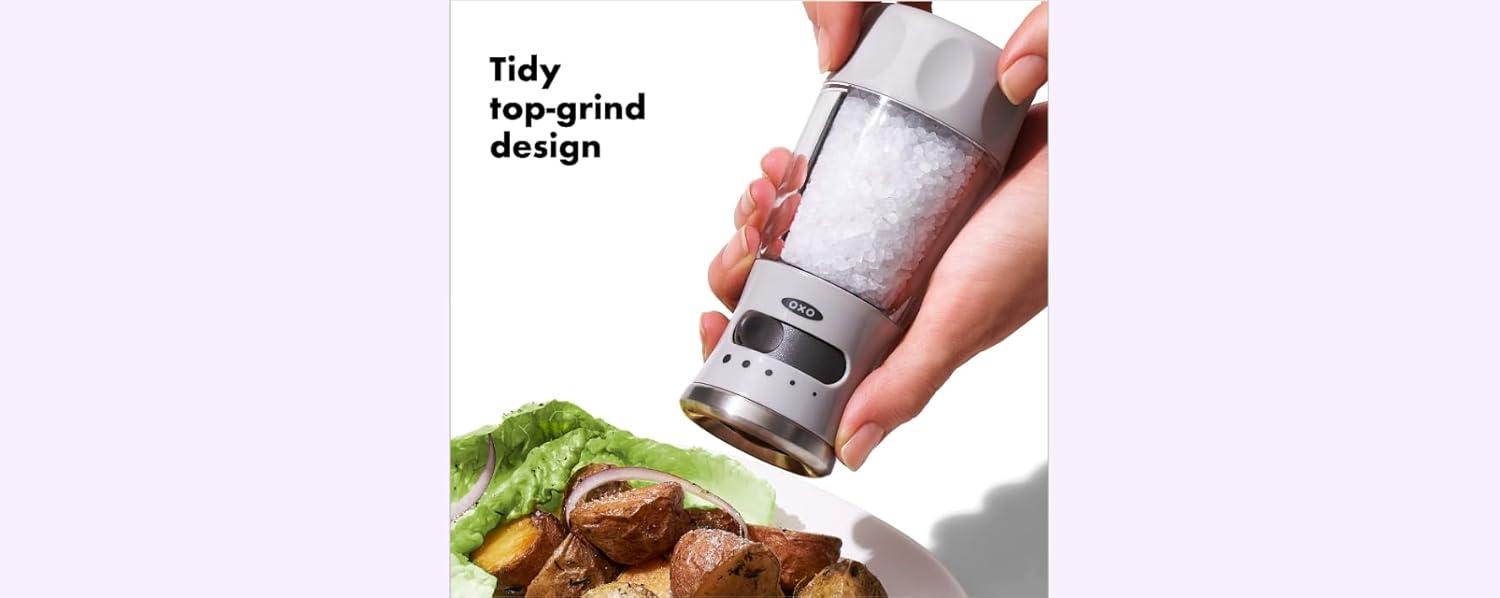 imageOXO Good Grips Contoured MessFree Pepper Grinder Adjustable Ceramic Grinder with Five Settings Black Pepper Mill for Home and Kitchen Spice Tool and Kitchen GadgetGray
