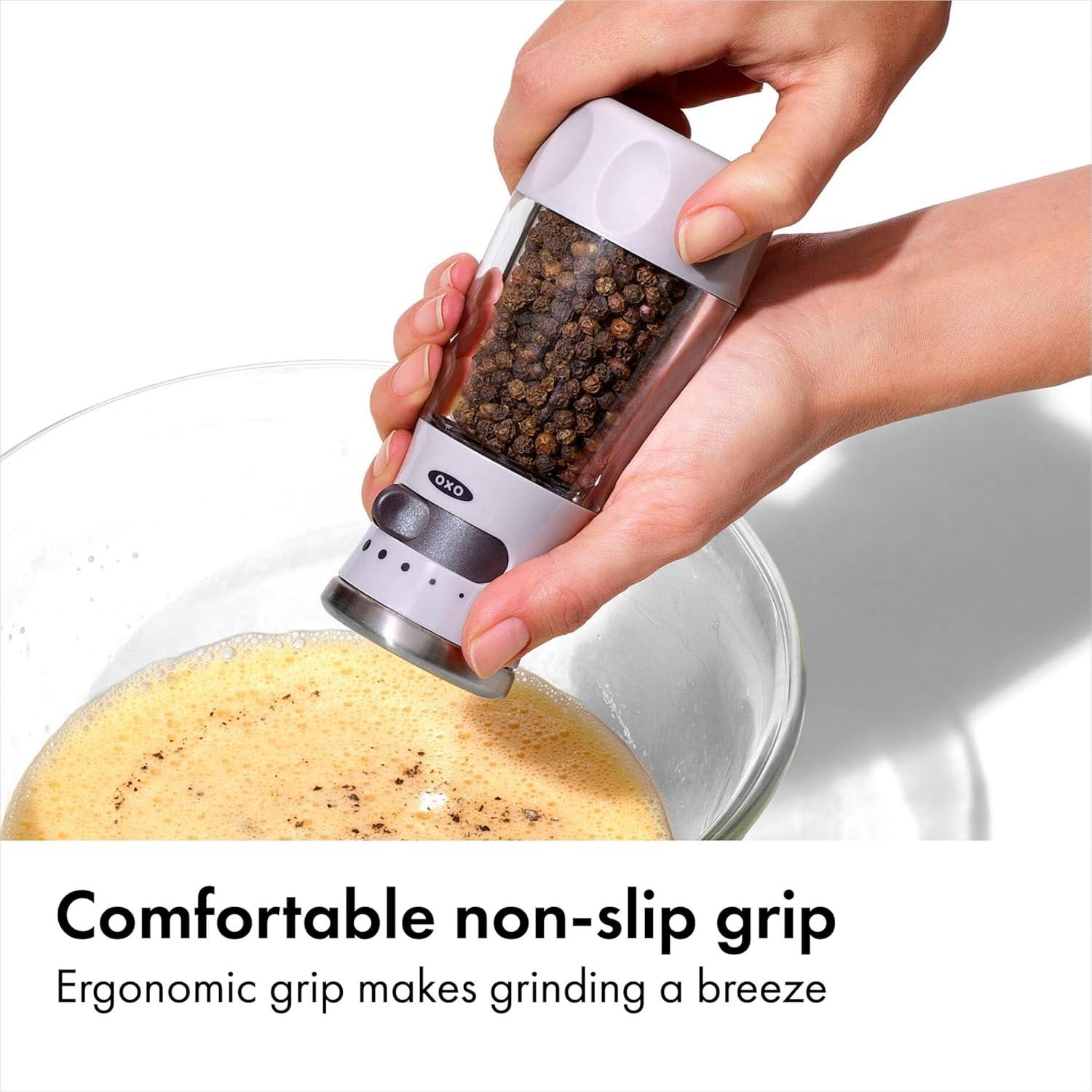 imageOXO Good Grips Contoured MessFree Pepper Grinder Adjustable Ceramic Grinder with Five Settings Black Pepper Mill for Home and Kitchen Spice Tool and Kitchen GadgetGray