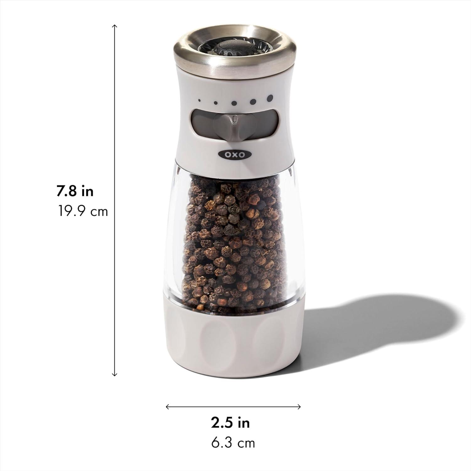 imageOXO Good Grips Contoured MessFree Pepper Grinder Adjustable Ceramic Grinder with Five Settings Black Pepper Mill for Home and Kitchen Spice Tool and Kitchen GadgetGray