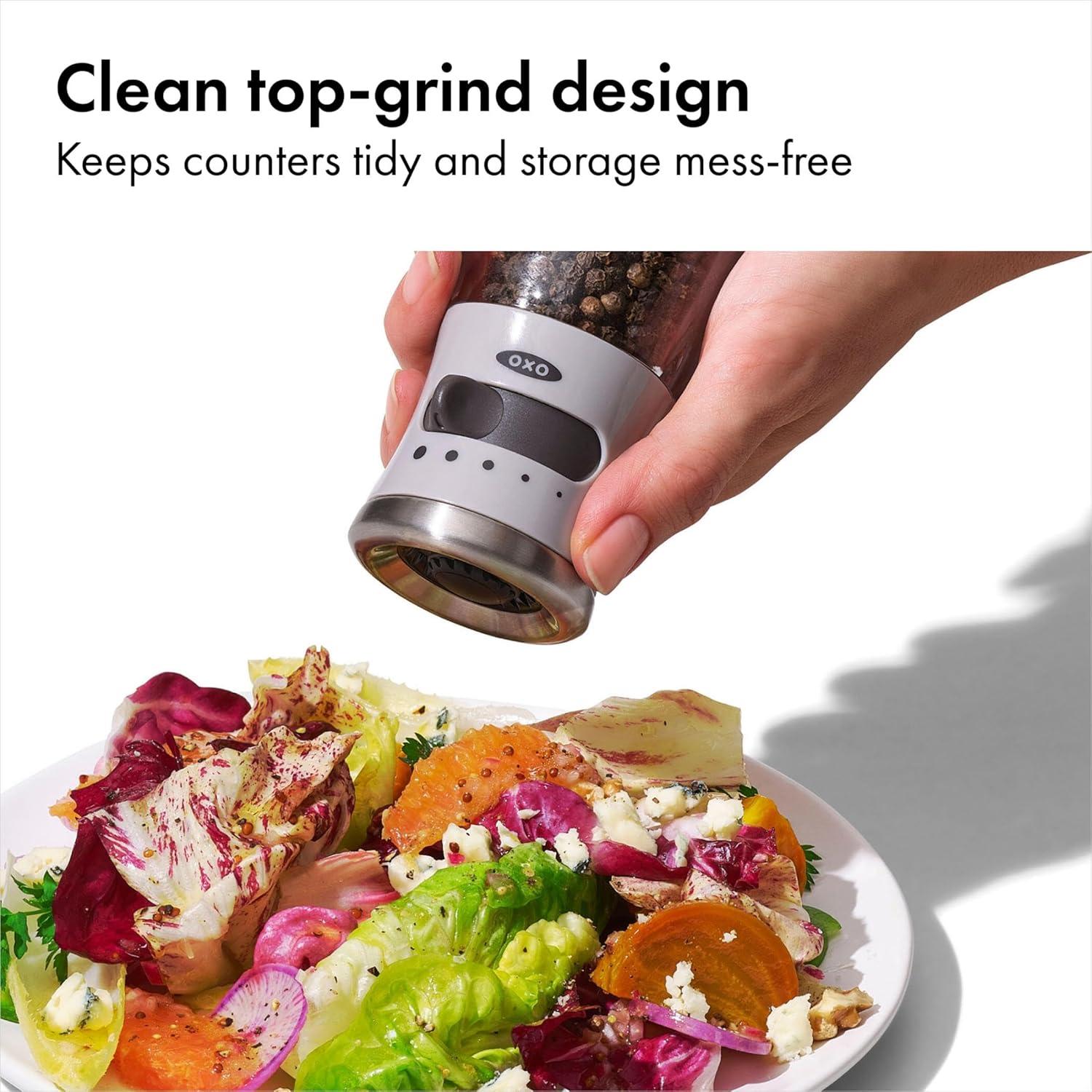 imageOXO Good Grips Contoured MessFree Pepper Grinder Adjustable Ceramic Grinder with Five Settings Black Pepper Mill for Home and Kitchen Spice Tool and Kitchen GadgetGray