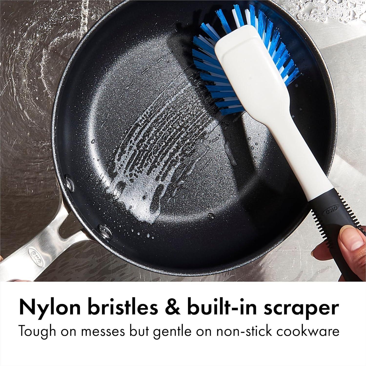 imageOXO Good Grips Dish Brush Nylon Bristles with Builtin Scraper Safe for NonStick Cookware NonSlip Handle Dishwasher Safe1 Pack