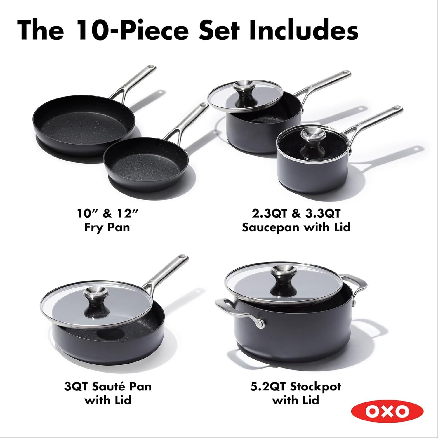 imageOXO Professional 5 Piece Cookware Pots and Pans Set Hard Anodized Ceramic Nonstick PFASFree Stainless Steel Handles Induction Suitable Diamond Reinforced Coating Dishwasher and Oven Safe BlackBlack