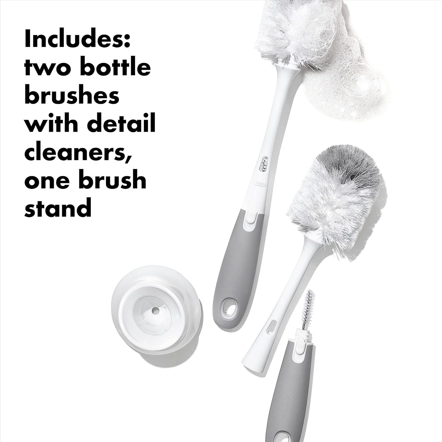 imageOXO Tot Bottle Brush with Nipple Cleaner and Stand Gray 2Pack2 Count Pack of 1
