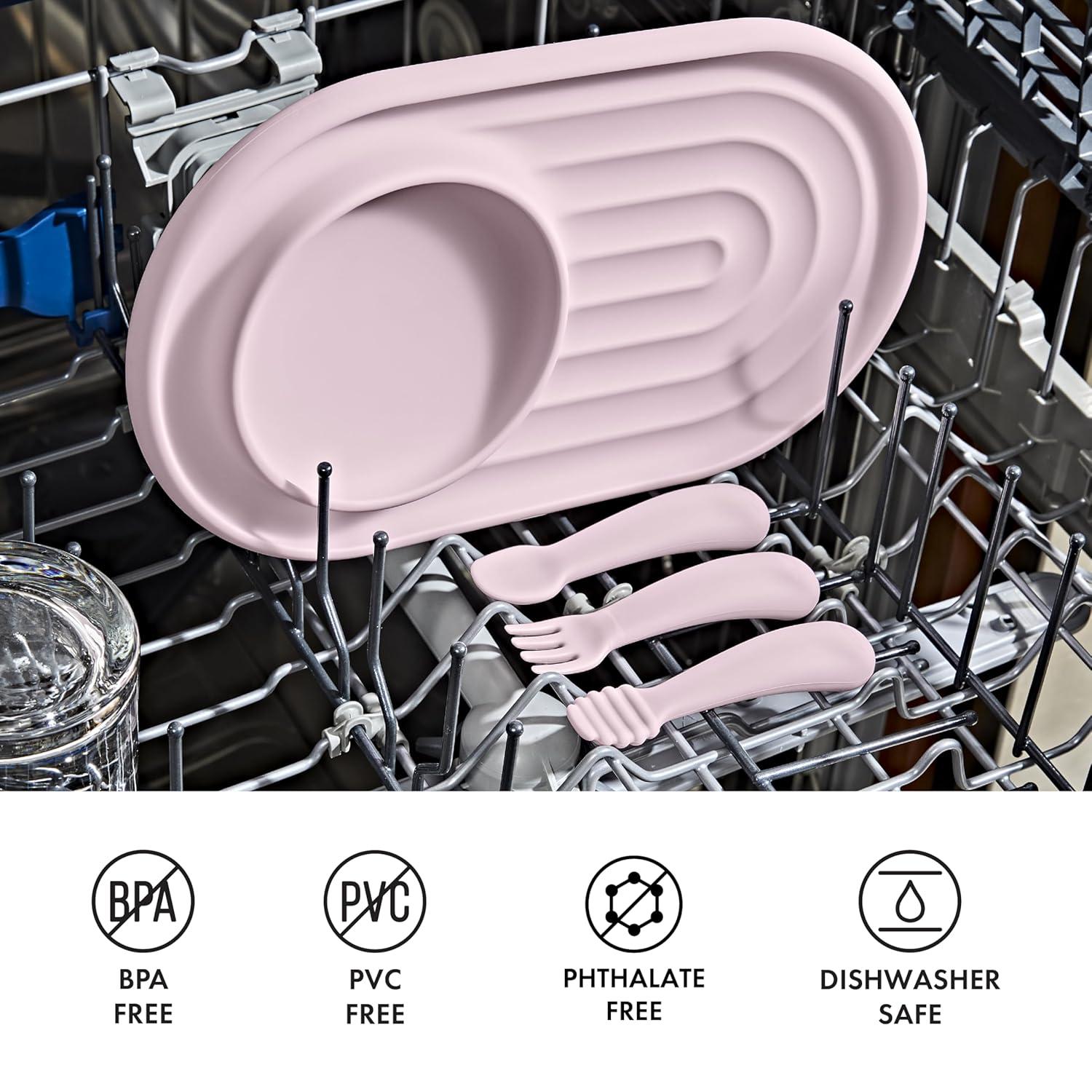 imageOXO Tot Textured Suction Plate ampamp Spoons Set 3Piece DuskBlossom