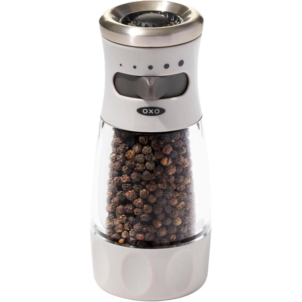 imageOXO Good Grips Contoured MessFree Pepper Grinder Adjustable Ceramic Grinder with Five Settings Black Pepper Mill for Home and Kitchen Spice Tool and Kitchen GadgetGray