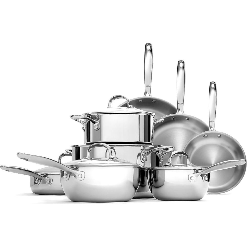 imageOXO Mira TriPly Stainless Steel 8quot and 10quot Frying Pan Skillet Set Induction Multi Clad Dishwasher and Metal Utensil SafeBlack13 Piece Cookware Pots and Pans Set