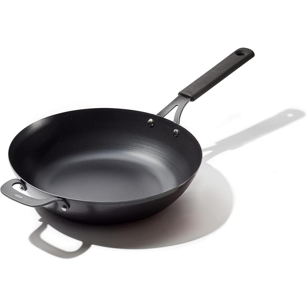imageOXO Obsidian PreSeasoned Carbon Steel 12quot Wok Pan with Removable Silicone Handle Holder Induction Oven Safe Black