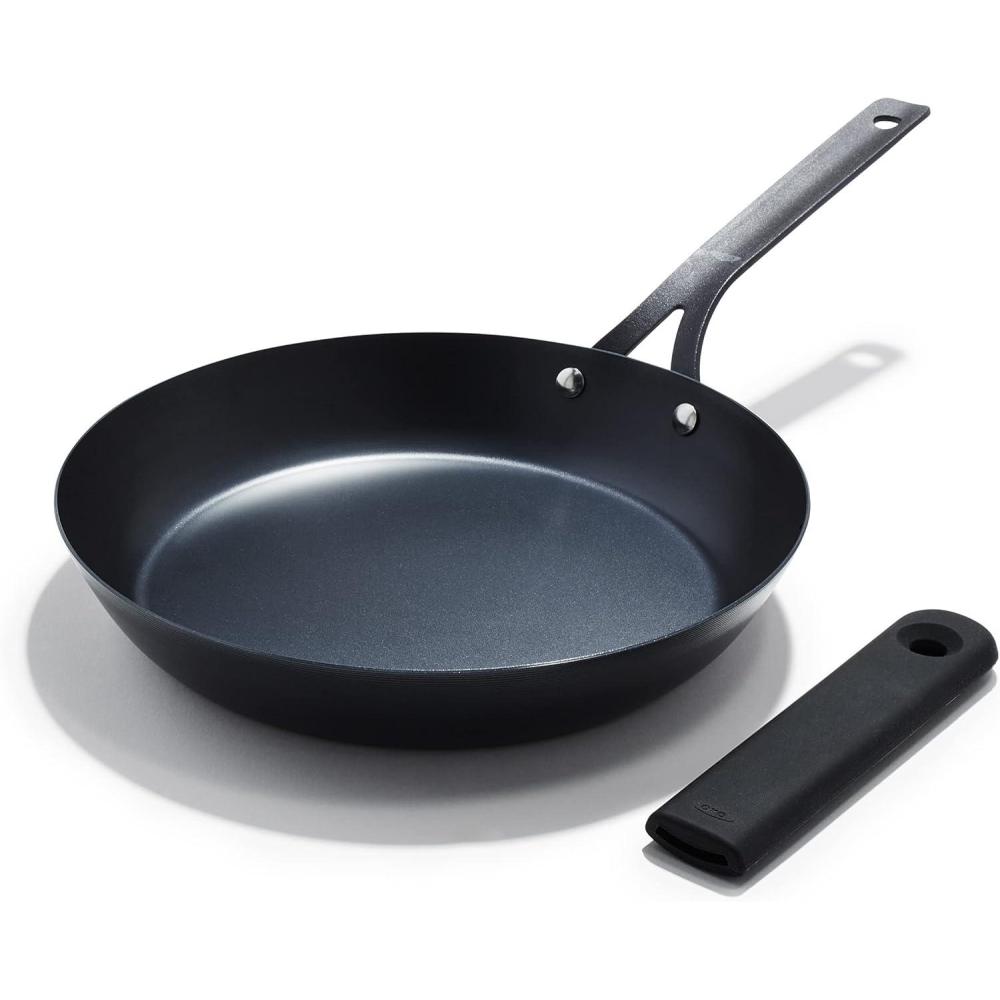 imageOXO Obsidian PreSeasoned Carbon Steel 8quot Frying Pan Skillet with Removable Silicone Handle Holder Induction Oven Safe 18 Liters Black10 Frying Pan Skillet