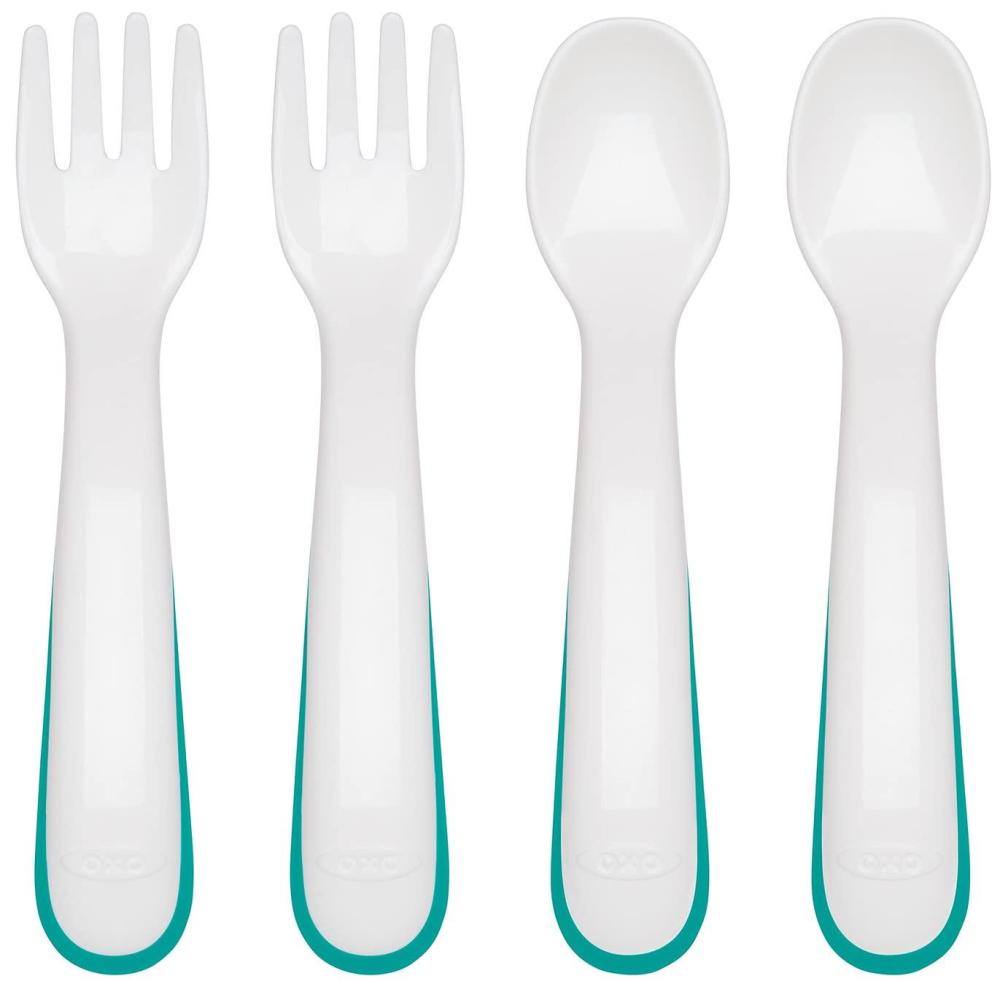 imageOXO Tot Plastic Fork and Spoon Set  Opal and BlossomTeal