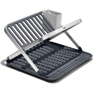 OXO Good Grips Aluminum Fold Flat Dish Drying Rack, 2-Tier, with Drainboard, for Kitchen Counter, Collapsible
