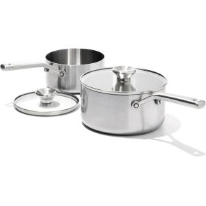 OXO Mira Tri-Ply Stainless Steel, 5QT Stock Pot with Lid, Induction, Multi Clad, Dishwasher and Metal Utensil Safe(1.5QT and 3QT Saucepan Set with Lids)