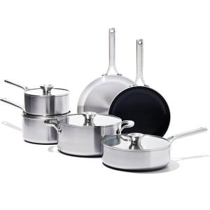 OXO Mira Tri-Ply Stainless Steel, 8″ and 10″ Frying Pan Skillet Set, Induction, Multi Clad, Dishwasher and Metal Utensil Safe,Black(10 Piece Cookware Pots and Pans Set)