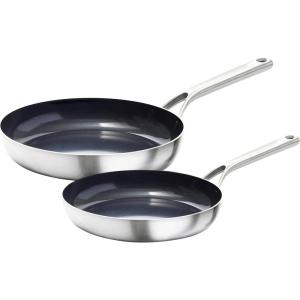 OXO Mira Tri-Ply Stainless Steel, 8″ and 10″ Frying Pan Skillet Set, Induction, Multi Clad, Dishwasher and Metal Utensil Safe,Black(8″ and 10″ Nonstick Ceramic Frying Pan Set)