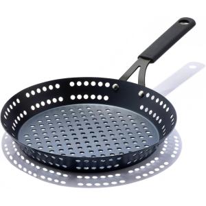 OXO Obsidian Pre-Seasoned Carbon Steel, 12″ Frying Pan Skillet with Holes for Grilling with Removable Silicone Handle Holder, Induction, Oven Safe, Black(12″ Outdoor Skillet)