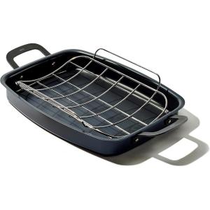OXO Obsidian Pre-Seasoned Carbon Steel, 15″ x 10.5″ Roasting Pan with Stainless Steel Roaster Rack, Induction, Black