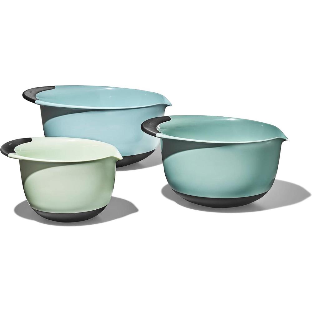 imageOXO Plastic Good Grips 3Piece Mixing Bowl Set with RedGreenBlue HandlesCadet BlueTower GrayJade