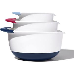 OXO Plastic Good Grips 3-Piece Mixing Bowl Set with Red/Green/Blue Handles(Blueberry/Jam/Seltzer)